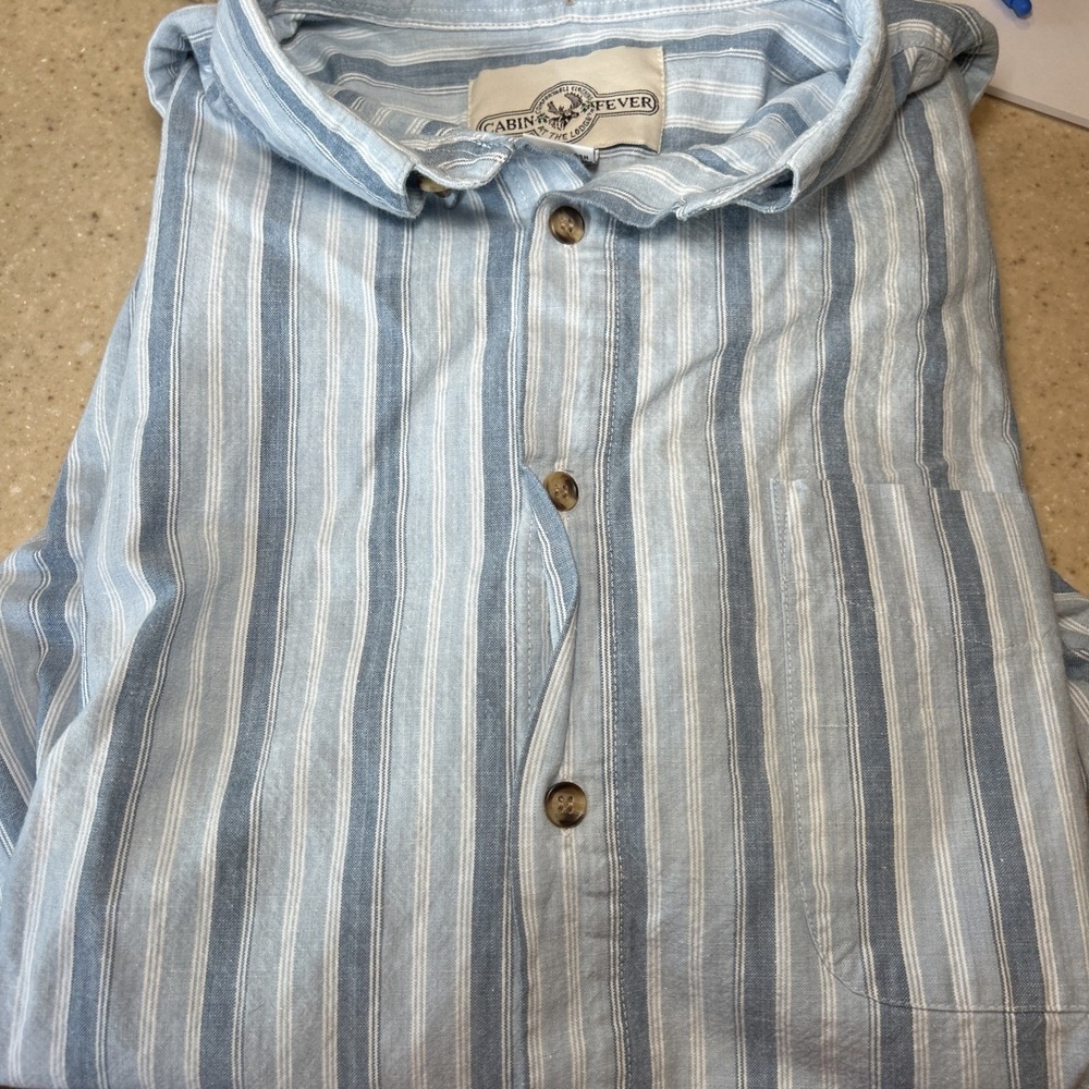 Men's Large Cabin Fever 100% Cotton Button Down Shirt Blue‎ Vertical Stripes - Picture 9 of 9